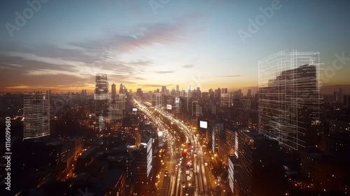 Wallpaper Mural A city skyline at sunset with illuminated buildings and busy streets. Torontodigital.ca