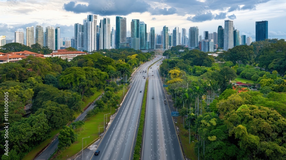 Obraz premium A city skyline with greenery and a wide road, showcasing urban development and nature.
