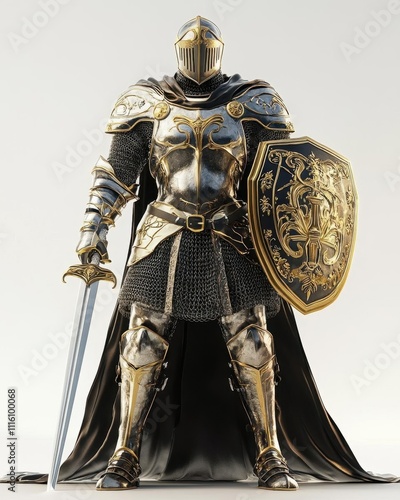 A detailed armored knight holding a sword and shield, ready for battle.
