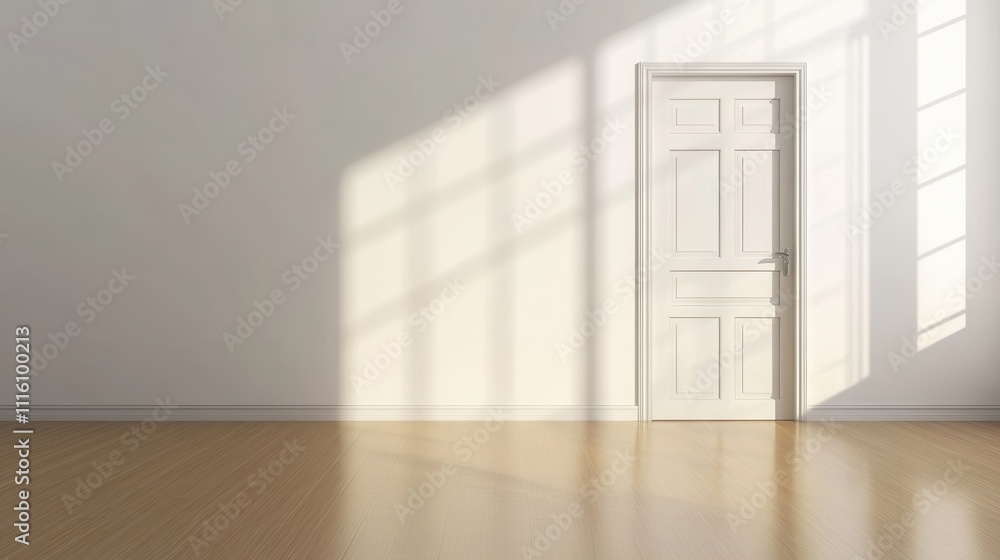 Fototapeta premium Sunlight Illuminates Empty Room with White Door and Light Wood Floor: A Minimalist Interior Design