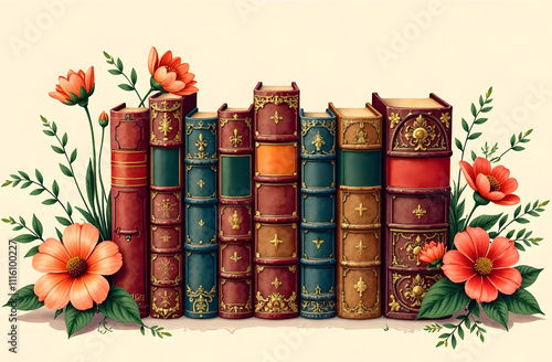 Bookshelf filled with antique volumes and vibrant flowers in a decorative display photo