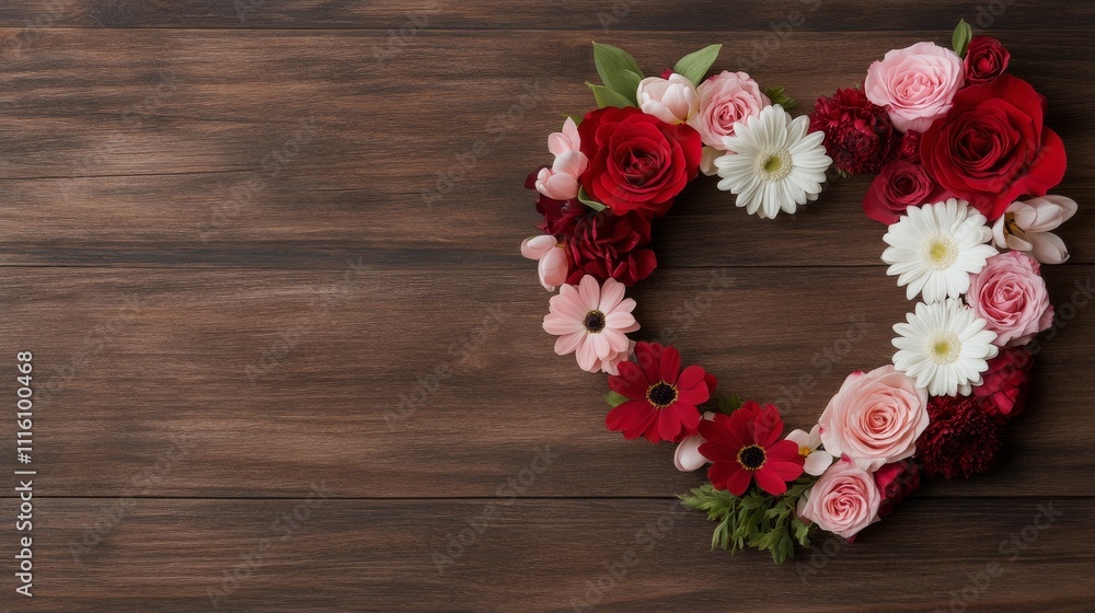 Heart shaped flower arrangement on wooden background for decoration and celebration Heart shaped flower arrangement on wooden background for decoration and celebration