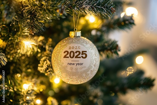 Festive new year ornament hanging on a beautifully decorated tree for the upcoming celebration