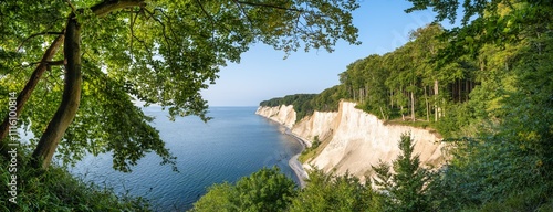 Panoramic view of the chalk cliffs and Jasmund National Park on the Island of Rügen, Mecklenburg-Western Pomerania, Germany	
