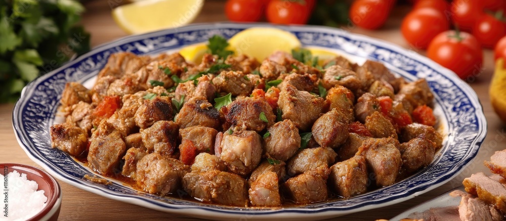 Savory minced meat dish with chicken yolk and spices served with fresh herbs and vegetables on rustic wooden table Savory minced meat dish with chicken yolk and spices served with fresh herbs and vegetables on rustic wooden table
