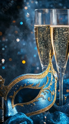 Elegant blue glitter mask and champagne glass set against a sparkling festive...