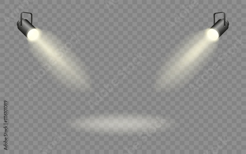 Spotlights set, stage and studio light, realistic hanging lamps. Spot lights and searchlights for concert. Vector