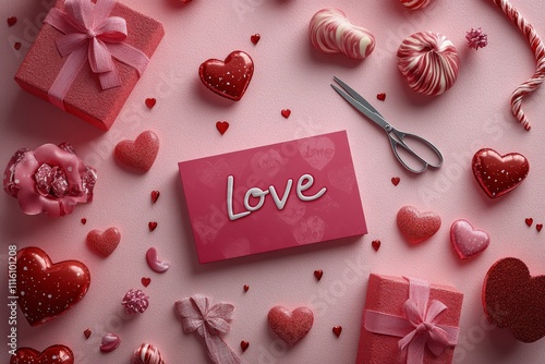Beautiful romantic gift arrangement with love theme and decorations on pink b...