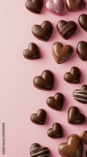 Indulgent chocolates in heart shapes arranged on a pink background for a roma...