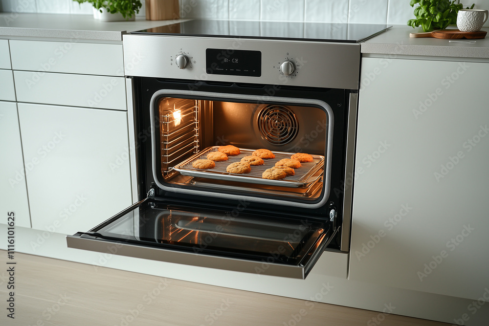 A shiny stainless steel mid-size oven with a tray of cookies baking inside, with copy space. Bright light. Minimalist kitchen background. A shiny stainless steel mid-size oven with a tray of cookies baking inside, with copy space. Bright light. Minimalist kitchen background.