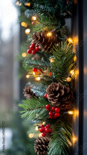 Festive garland decorated with pinecones and red berries illuminated by warm ...