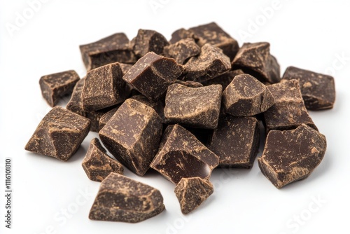 Dark chocolate pieces are arranged neatly on a white surface ready for cookin...