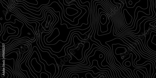 Black background topography contour map with black curve lines. luxury topographic wavy pattern and geographic grid map patterns, topography line map. Vintage outdoors style. 