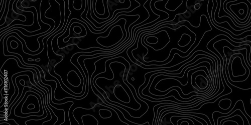 Black background topography contour map with black curve lines. luxury topographic wavy pattern and geographic grid map patterns, topography line map. Vintage outdoors style. 