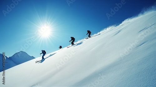 Group of skiers enjoying a sunny day on fresh powder snow in the mountains