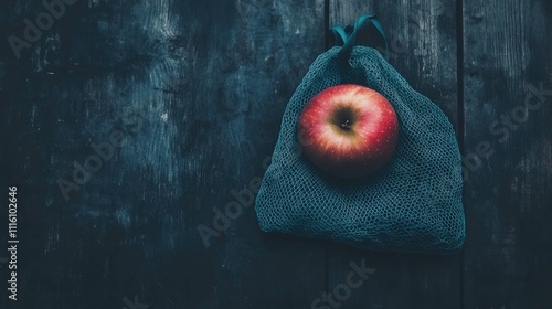 Autumn harvest eco-friendly mesh bag with a fresh apple on a dark wooden surface promoting zero waste and healthy eating lifestyle photo