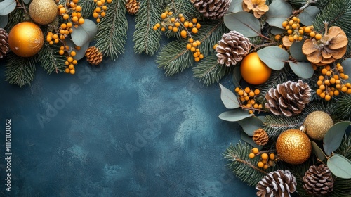 Beautiful winter arrangement of Christmas decorations featuring pinecones and...