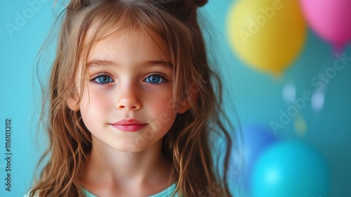 Young girl with blue eyes celebrating at a colorful party with balloons in th...