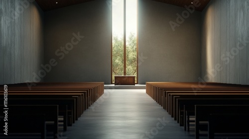 Modern chapel interior with natural light and wooden benches creating a seren...