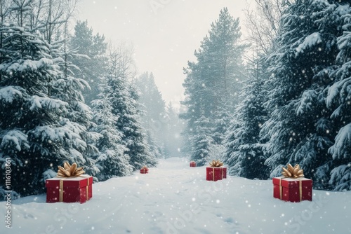 Snowy forest path with red gift boxes during winter celebration season