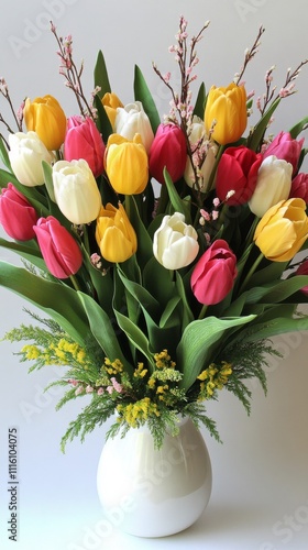 Colorful tulip bouquet in a textured vase placed on a simple table