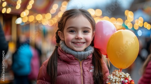 Young girl enjoys fun party with popcorn and balloons surrounded by friends a...