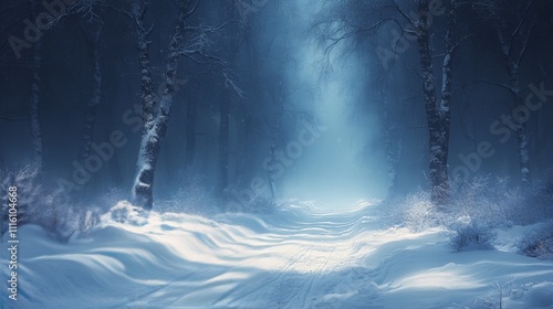 Winter pathway illuminated by lamps in a snowy park during evening fog