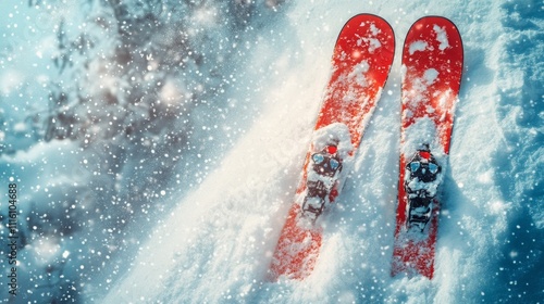 Skiing in fresh powder with vibrant red skis on a snowy mountain landscape du...