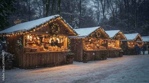 Festive winter market featuring holiday decorations and snow covered pathways...