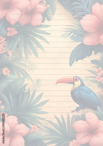 Papier à lettres pastel avec décorations thème tropical, feuilles de palmier, fleurs exotiques , toucan, avec des lignes droites et fines pour l'écriture, fond pêche clair, style vibrant et ensoleillé photo