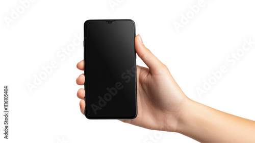 A hand holds a smartphone with a blank screen, suggesting readiness for use or interaction.