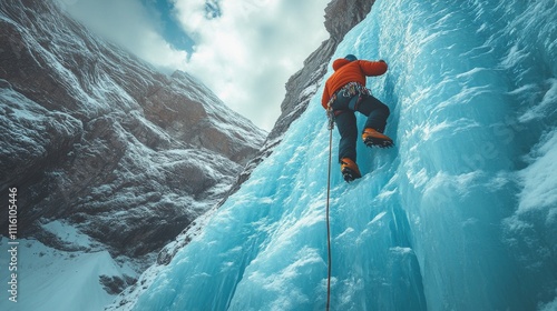 Climber ascends icy wall in icy mountain landscape during winter exploration