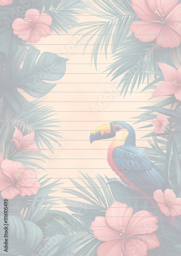 Papier à lettres pastel avec décorations thème tropical, feuilles de palmier, fleurs exotiques , toucan, avec des lignes droites et fines pour l'écriture, fond pêche clair, style vibrant et ensoleillé photo