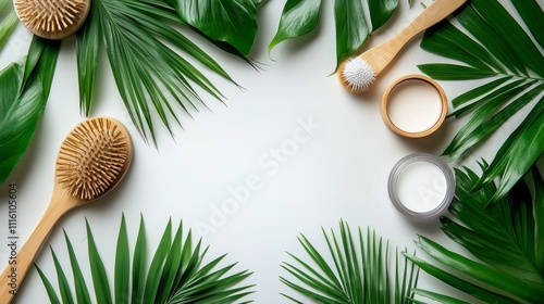 Natural beauty products arranged with wooden brushes and tropical leaves for ...