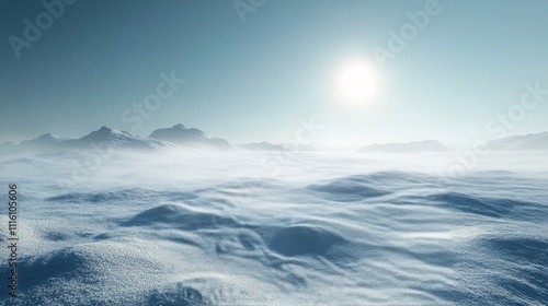 Vast snowy landscape under bright sunlight during early morning hours