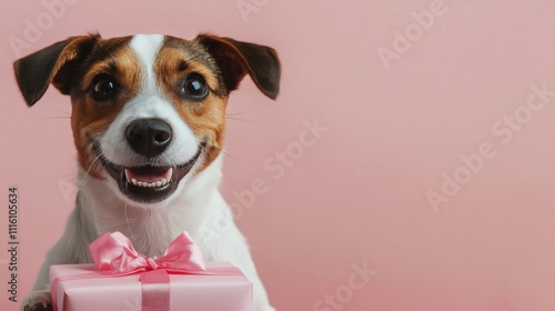 Happy dog holding a pink gift with a cheerful expression in front of a pastel...