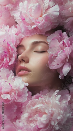 Beauty encased in soft pink flowers captures a serene moment of tranquility a...