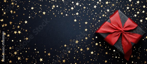 Gift box adorned with a red bow surrounded by golden stars on a dark background creating a festive and celebratory atmosphere. photo