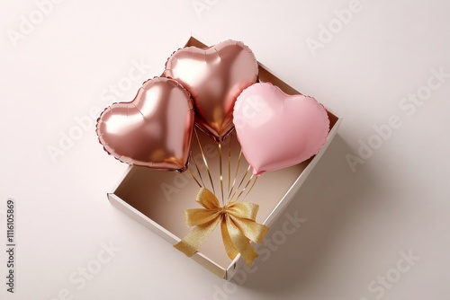 Heart shaped balloons tied to a gift box with ribbon on a neutral background