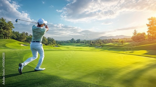 Golfer swings club on a vibrant green course during golden hour in sunny weather