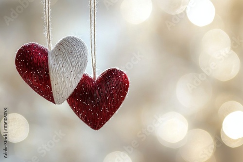 Decorative red and white hearts hanging together in soft background lights