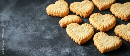 Heart shaped butter cookies on a dark backdrop perfect for recipe ingredient lists and food related content marketing. photo