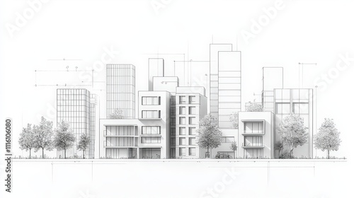 A cityscape with tall buildings and trees