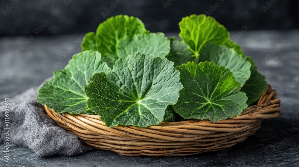 Fresh Asiatic Gotu Kola Leaves in a Woven Basket for Alternative Herbal Medicine Wellness and Natural Remedies Concept Fresh Asiatic Gotu Kola Leaves in a Woven Basket for Alternative Herbal Medicine Wellness and Natural Remedies Concept