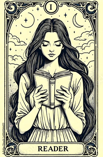 Intricate illustration of a woman deeply engaged in reading a book under a serene sky