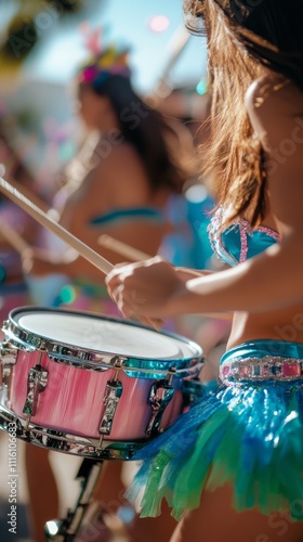 Drummers in vibrant costumes showcase festive energy at a lively parade in br...