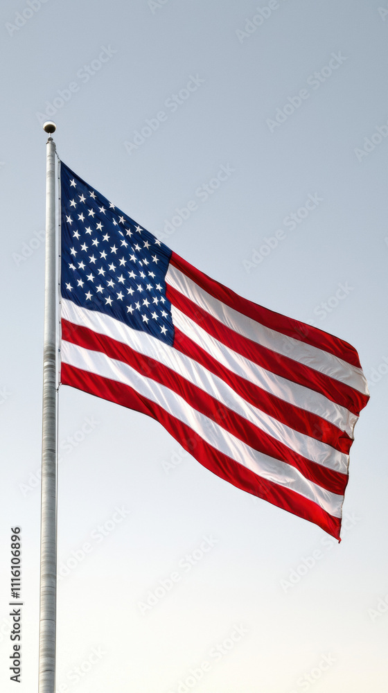 Obraz premium The image features the American flag waving against a clear sky, showcasing its iconic red, white, and blue colors.