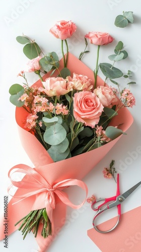 Beautiful pink rose bouquet arranged in soft wrapping at a well lit space