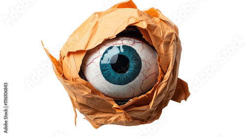 A large, stylized eye encased in crumpled paper, suggesting themes of observation and perception. photo