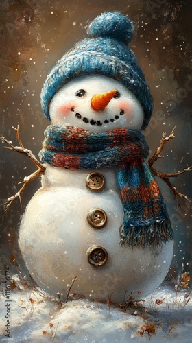 Smiling snowman wearing a blue knitted hat and colorful scarf in a winter lan...